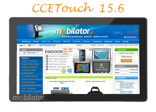 Mobilator CTPC156RD3  IP 65 Flat Design PCAP Fanless Touch PC, LED panel, 10 points touch screen, built-in WIFI, 12V DC input