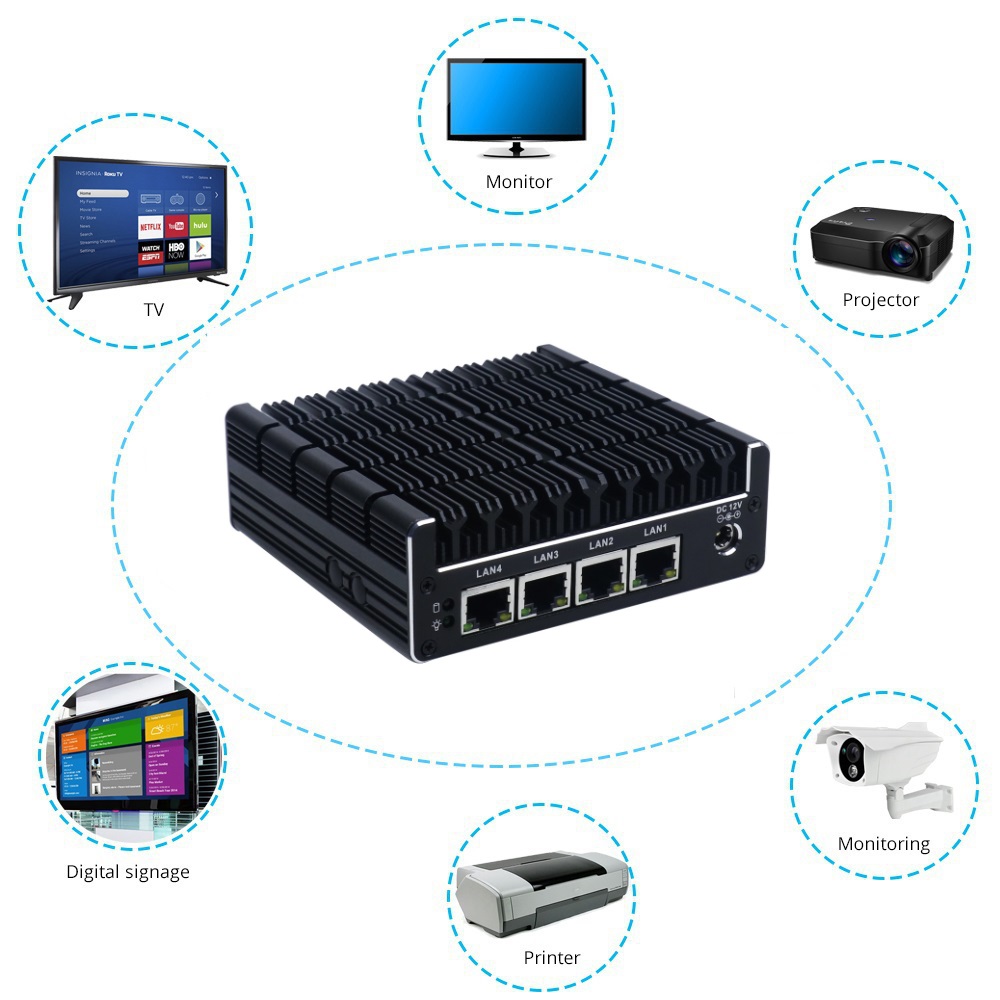 IBOX-NUC-C3L4 (J3160) - Fanless mini PC (4x LAN + 2x HDMI) with reinforced housing