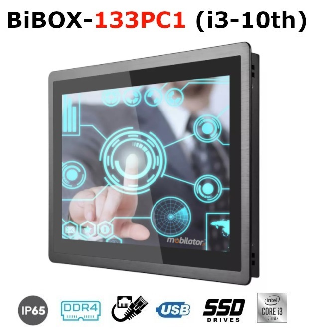 BiBOX-133PC1 (i3-10th) Industrial PanelPC with modern i3 processor with IP65 resistance standard per screen (1xLAN, 4xUSB)