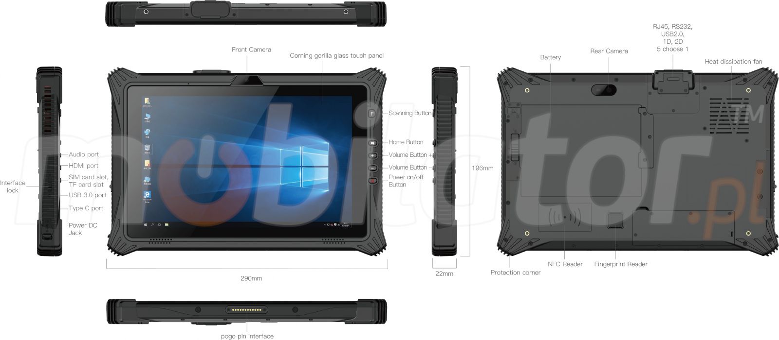 Waterproof 10.1 inch tablet with Intel I7 processor, NFC, 2D barcode scanner, 16GB RAM, Windows 10 PRO, Bluetooth 4.2 - Emdoor I10U v.16 