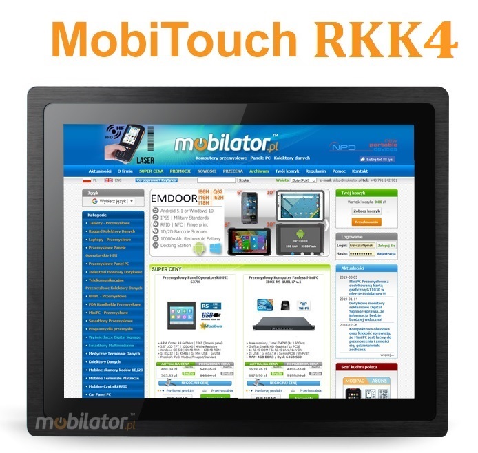MobiTouch 15RKK4 - industrial touch panel PC computer for warehouse - 15 inches, Android 7.1, IP65 resistance on the front of the case, connectors: COM * 2, HDMI * 1, USB * 2, RJ45 * 1, DC12V, Audio * 1, TF 