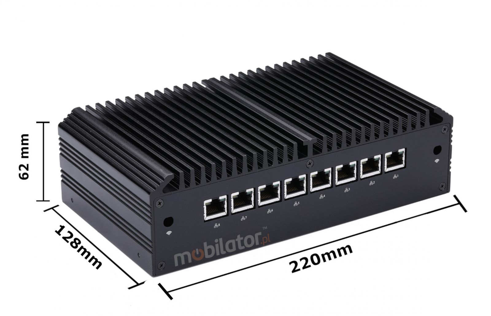 mBOX Q1012GE dimensions, MiniPC, version 1, 220x128x62 mm, lightweight