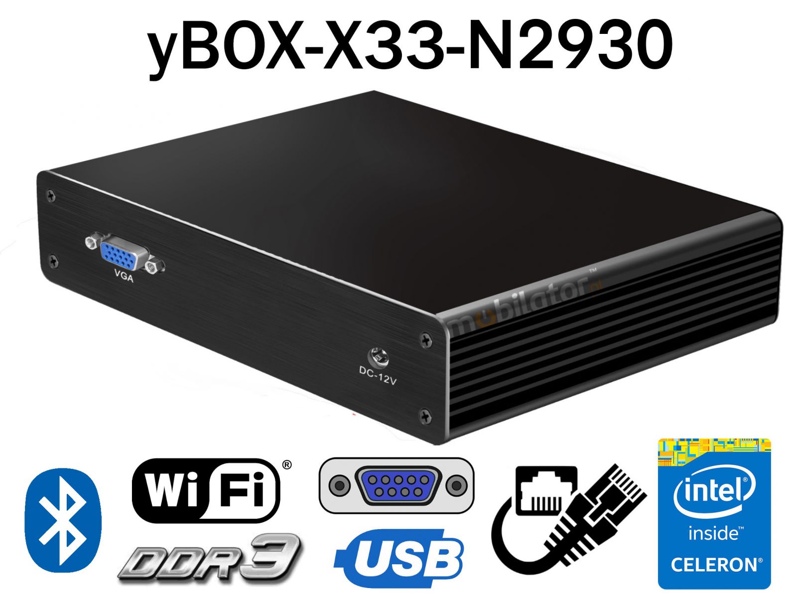 Reinforced industrial computer with 4GB RAM, WiFi+Bluetooth and M. 2 SSD support, 64GB SSD for office and work yBOX-X33-(6xLAN)-N2930 v. 1