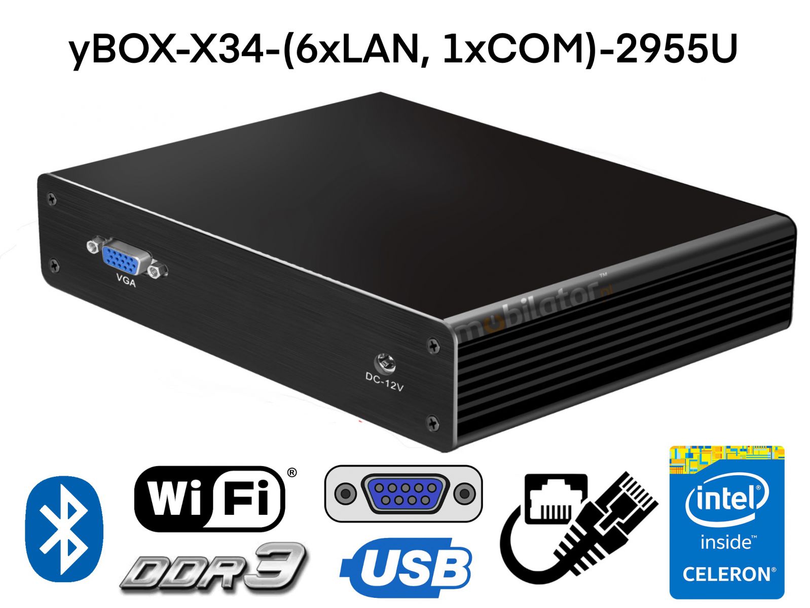 Fanless mini industrial computer to control production processes – 512GB SSD, WiFi, Bluetooth – MiniPC yBOX-X34-(6xLAN, 1xCOM)-2955U v.5