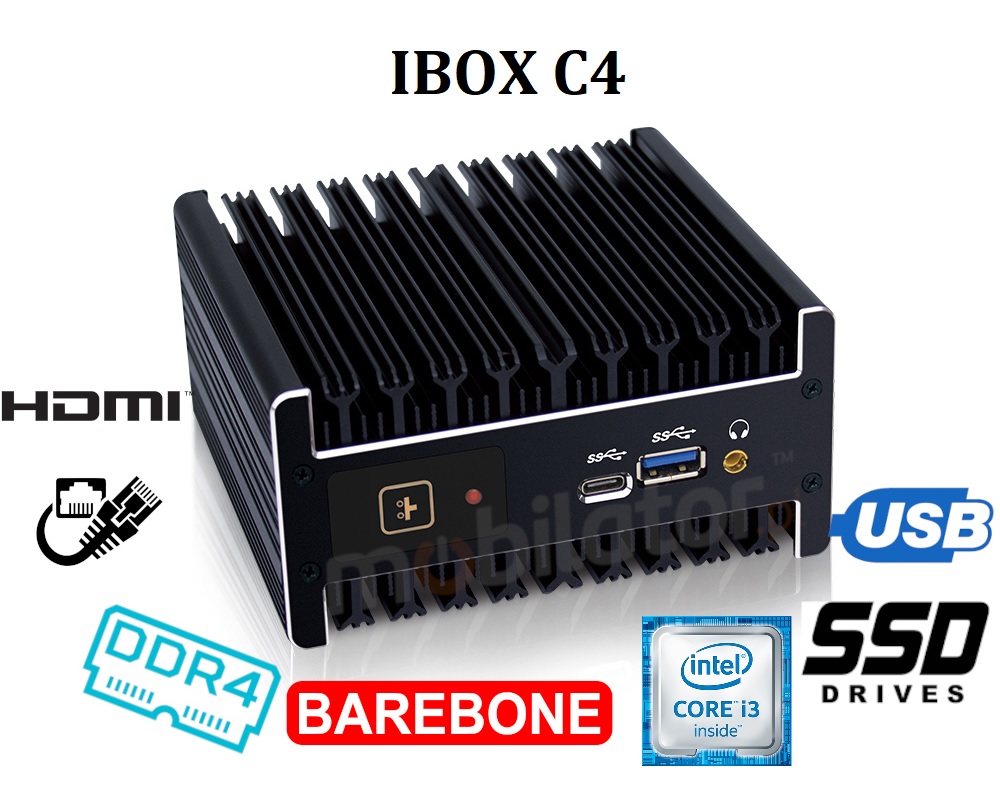 IBOX C4 v.1 - Rugged miniPC with Intel Core i3 processor, 1x USB 3.0 switches, 1x Audio, 1x c-Typ, 1xmini DP and RJ-45 LAN 