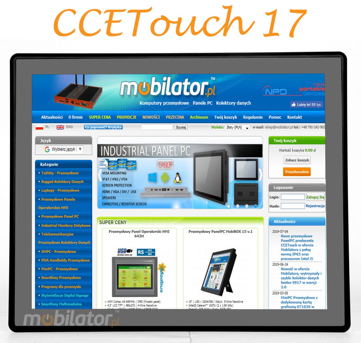 CCE Touch CTPC170RD3 Mobilator Flat Design PCAP Fanless Touch PC, LED panel, built-in WIFI, 12V DC input