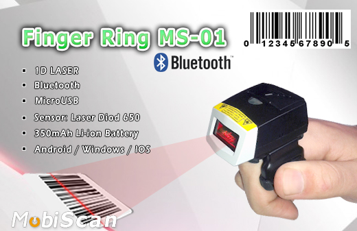 MobiScan FingerRing MS01 Bluetooth MOBISCAN MS-01 Skaner 1D Bezprzewodowy Bluetooth 2.0 Porczny piecie MobiSCAN  Kompatybilny Windows Android IOS mobilator.pl New Portable Devices Mobilne Skanery kodow kreskowych MINI