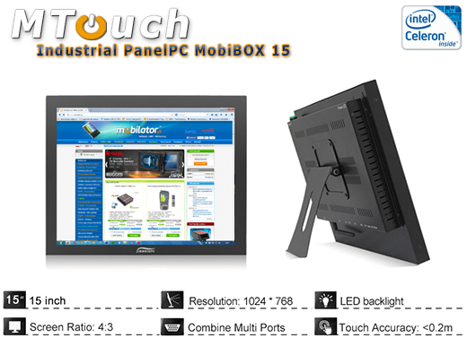 MTouch Industrial Przemysowy PanelPC MobiBOX 15 v.1  Komputer panelowy Panel PC  Przemysowy komputer panelowy Ekran rezystancyjny 5 wire resistive wywietlacz 15 cali mobilator.pl New Portable Devices Windows RS-232 COM VGA HDMI Intel Celeron 