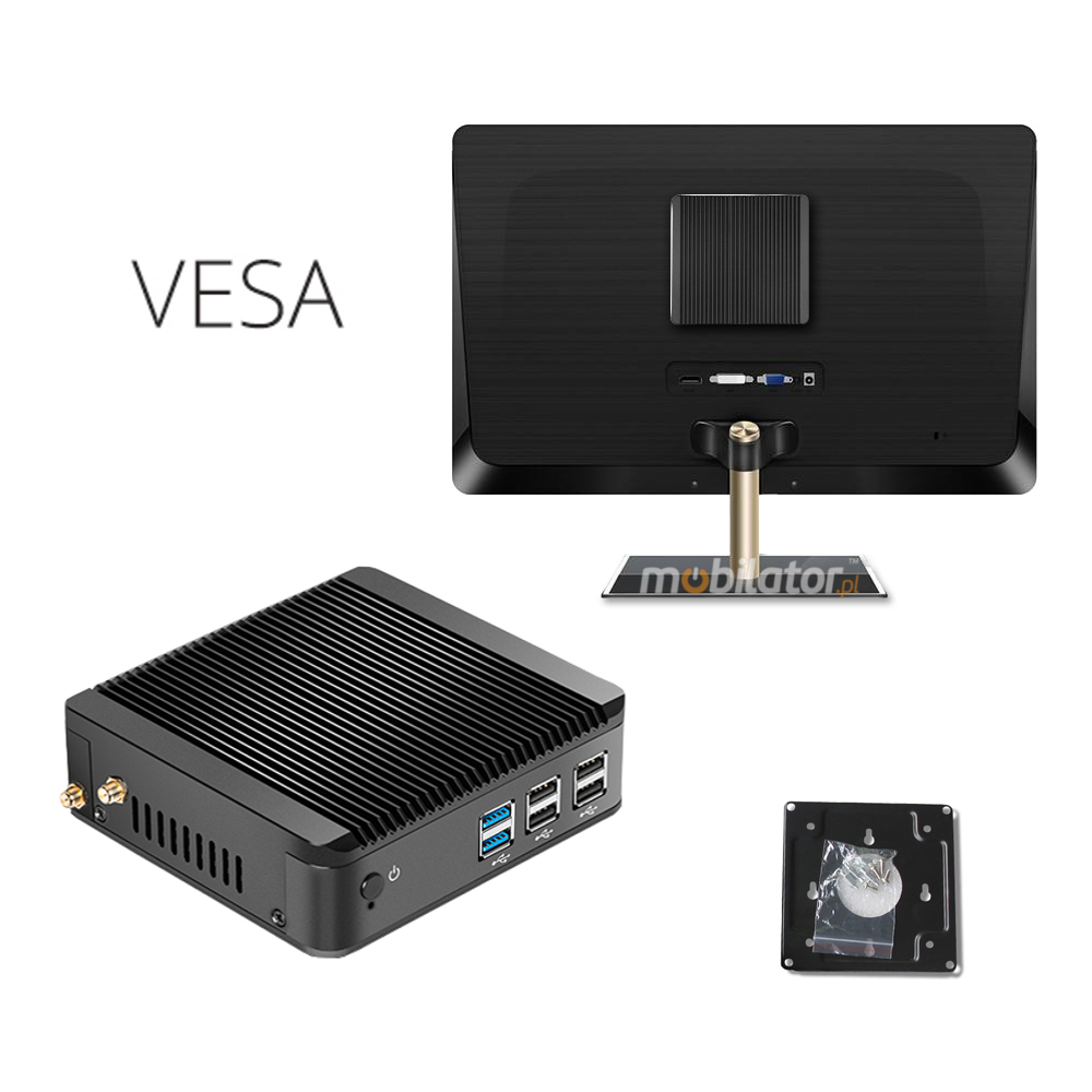 MiniPC yBOX-X30 Robust, efficient small fanless with the possibility of mounting beneath the desktop behind the monitor using the VESA mount