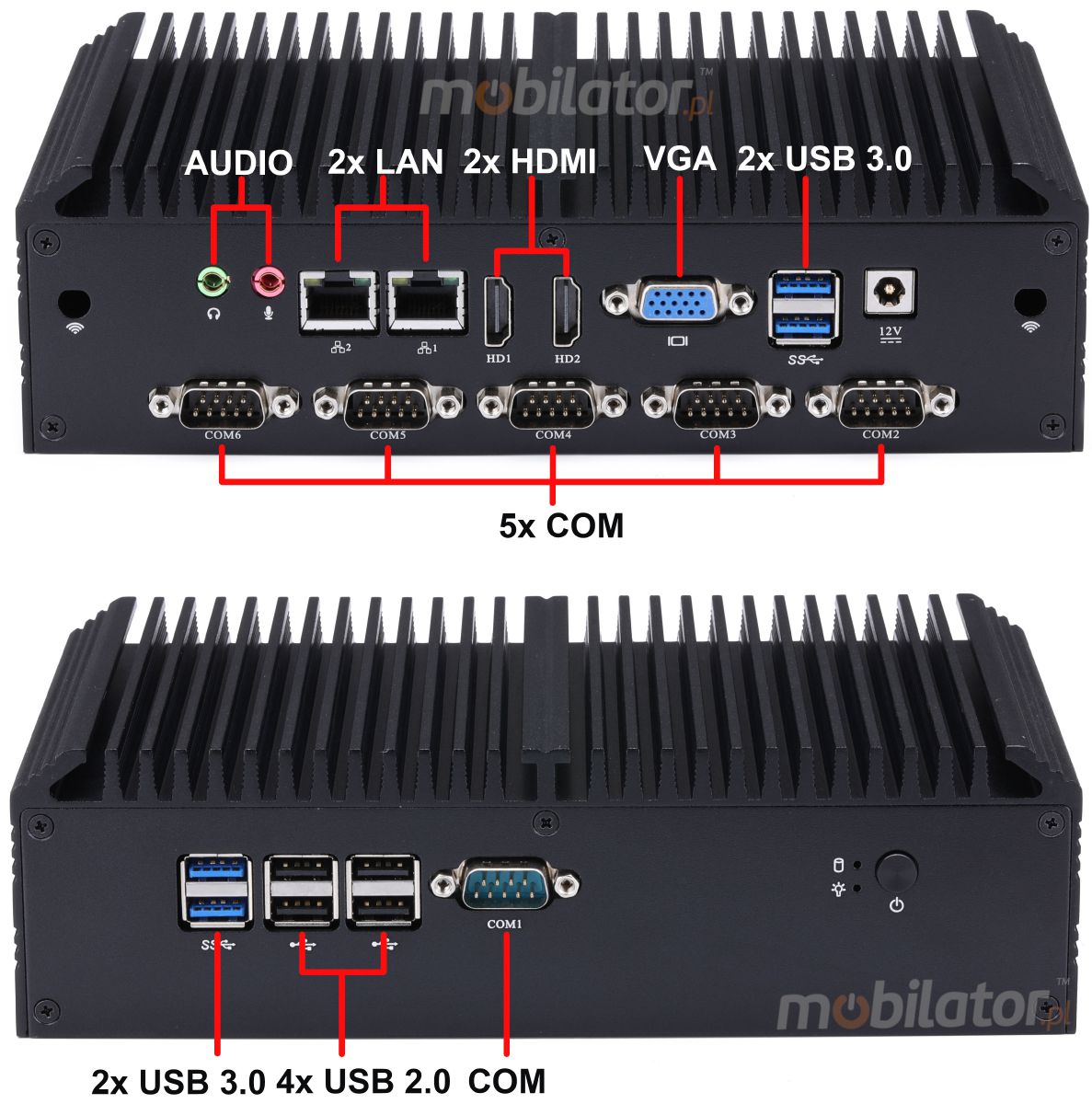 mBox X105 v.7 - Industrial, fanless Mini Computer - 512GB M.2 disk - 16GB RAM - Wifi + Bluetooth (6x RS-232, 4x USB 3.0) - Interfaces