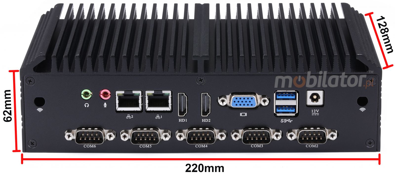 mBox X105 v.7 - Industrial, fanless Mini Computer - 512GB M.2 disk - 16GB RAM - Wifi + Bluetooth (6x RS-232, 4x USB 3.0) - Dimensions