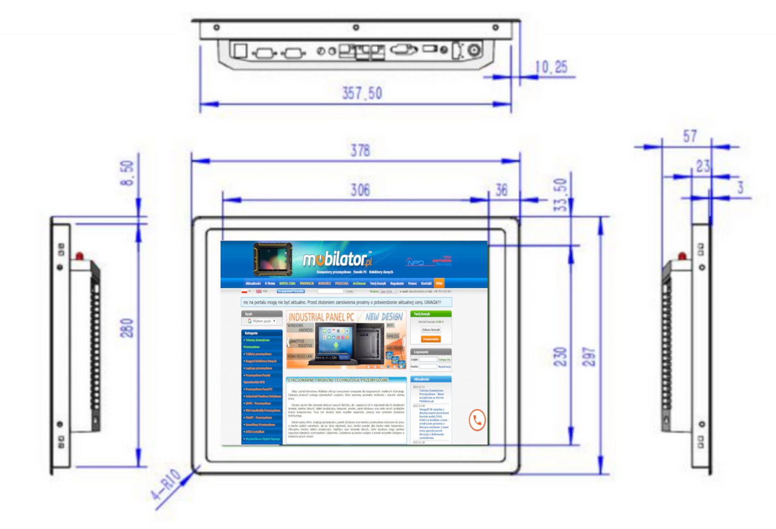 BIBOX-150PC2 Dimensions of the multi-purpose panel