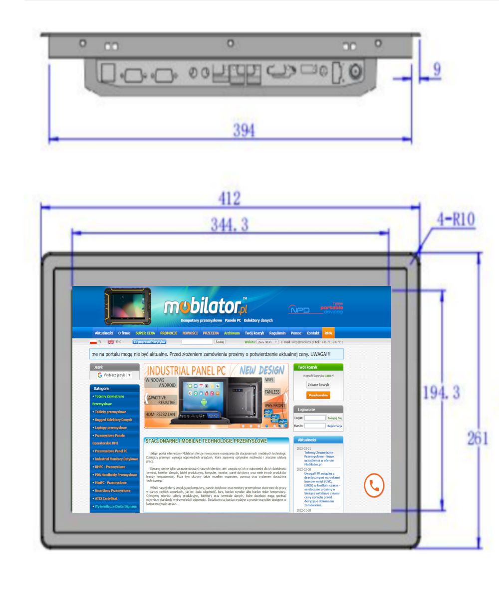 Dimensions of the panel BiBOX-156PC2 with the standard IP65