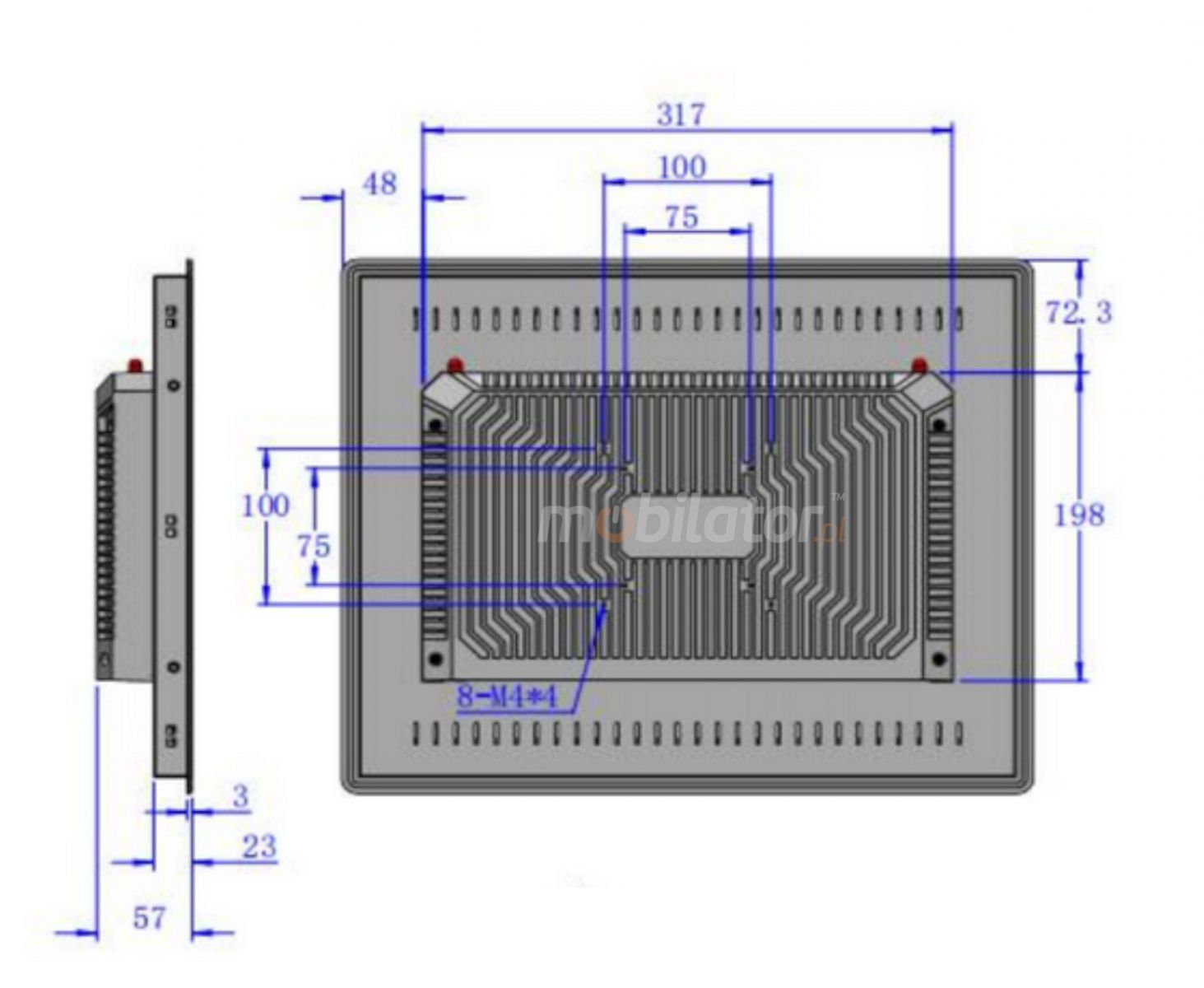 Dimensions of the rear control unit BIBOX-170PC2