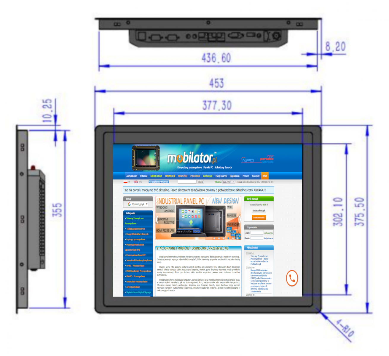 dimensions of an efficient panel computer BIBOX-190PC2 