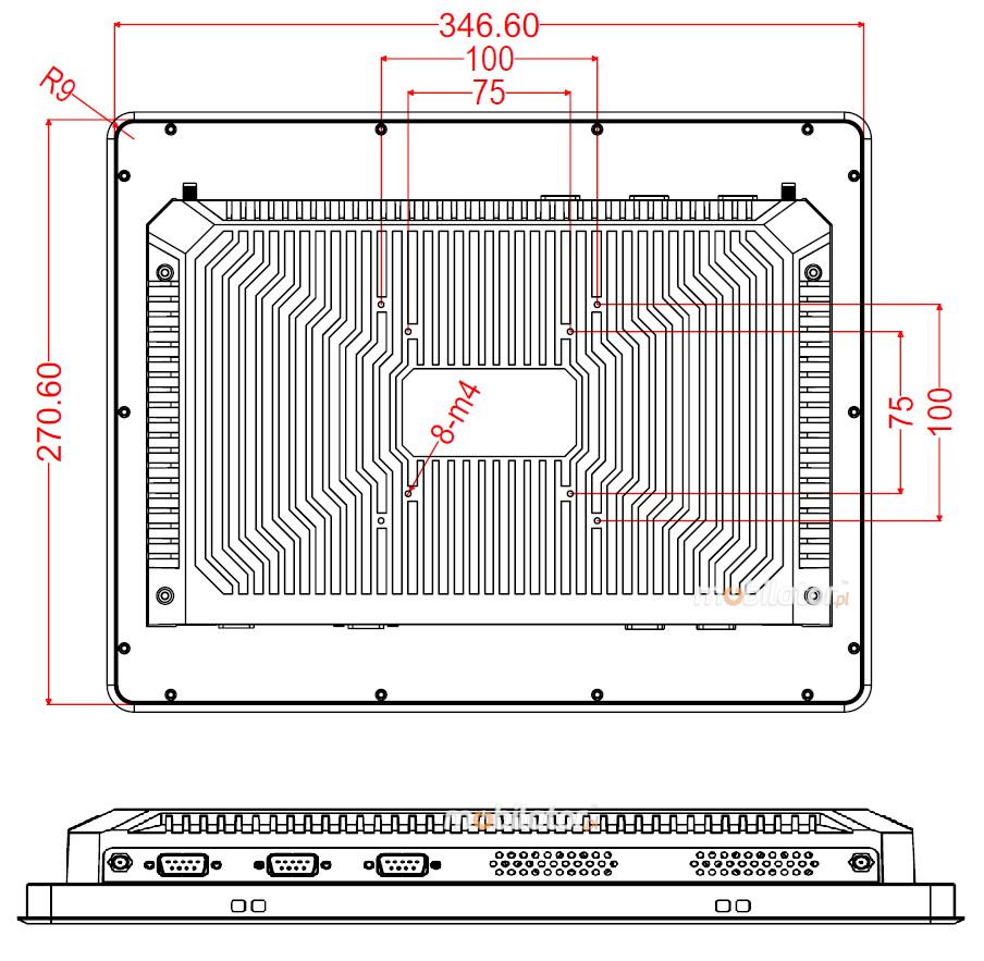 Dimensions of a 15-inch PC Panel with four USB ports