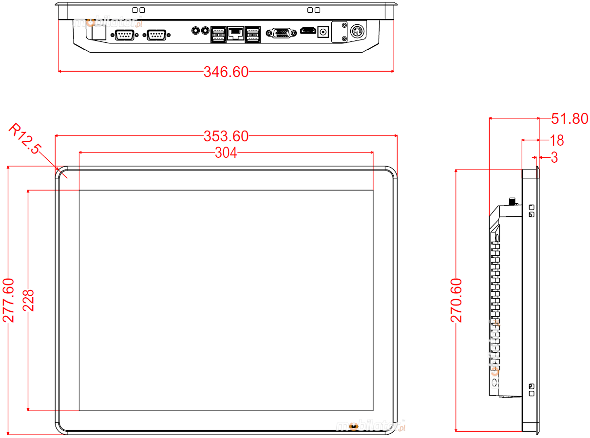 Detailed dimensions of BIBox 15I510 with VGA port