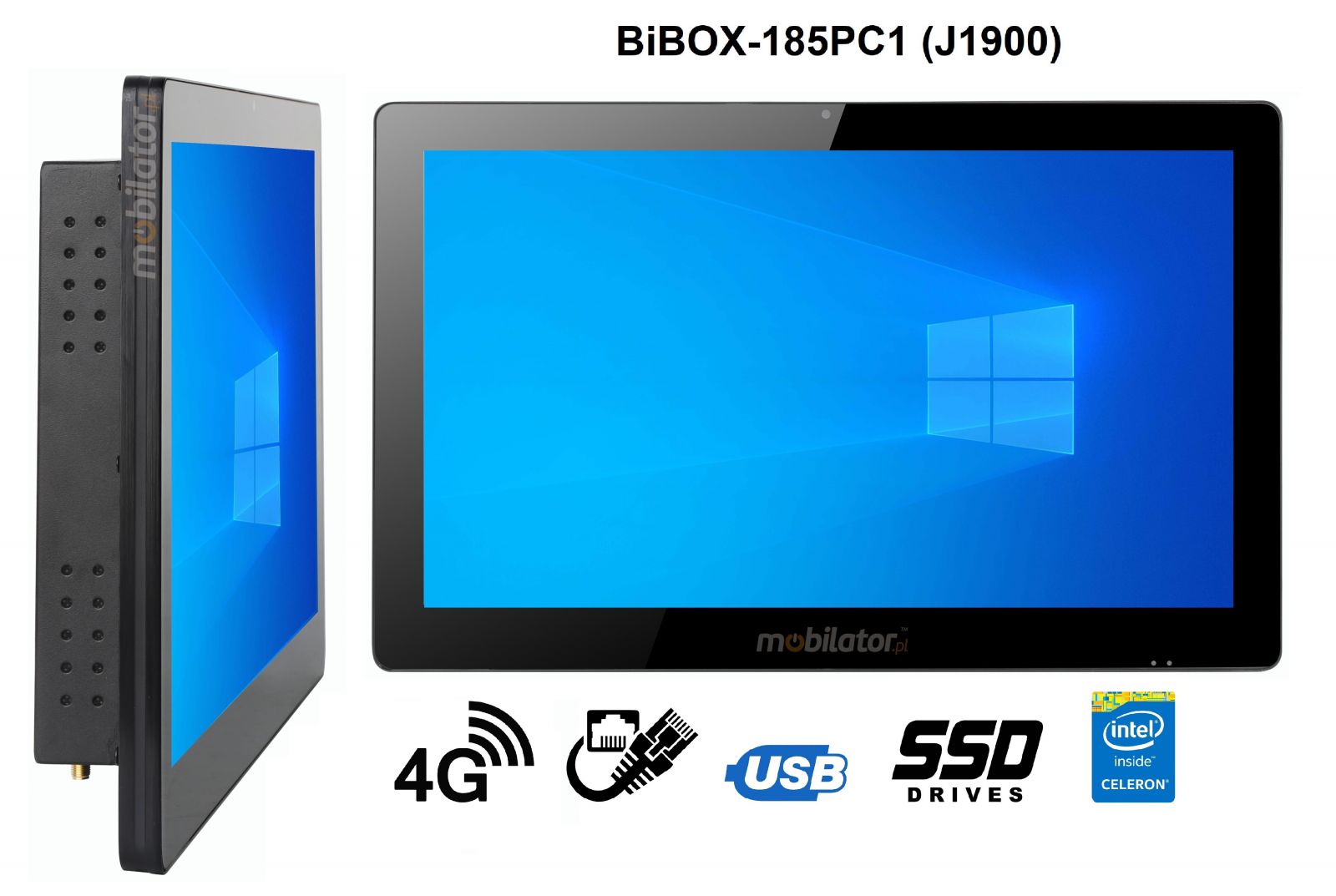 BiBOX-185PC1 (J1900) v.4 - Robust computer panel with IP65 (waterproof and dustproof screen), 256 GB SSD, 4G and WiFi