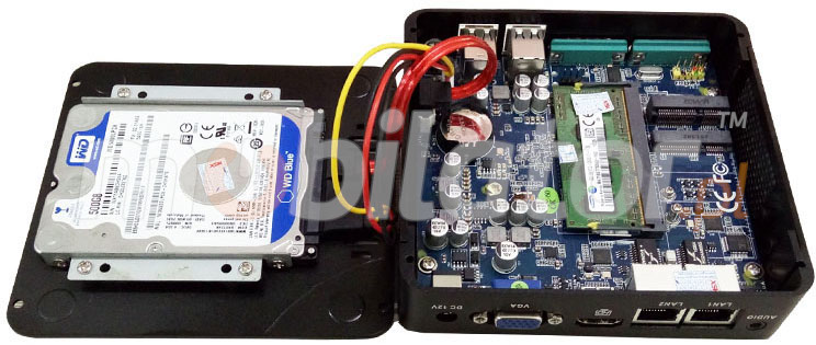 Wzmocniony mini Komputer Przemysowy Fanless MiniPC IBOX N3P - N3540 Barebone rzut z gory inside com rs232 mobilator szybki 2 lan rj45