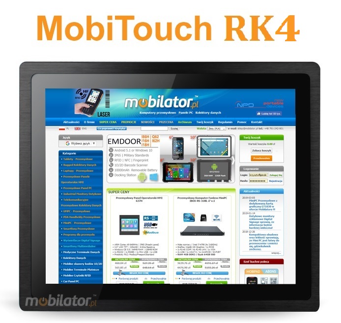 MobiTouch 104RK4 - 10.4 inch industrial panel PC type computer - Android 7.1, IP65 on the front of the case, connectors: COM * 1, HDMI * 1, USB * 2, RJ45 * 1, DC12V, Audio * 1, SD 