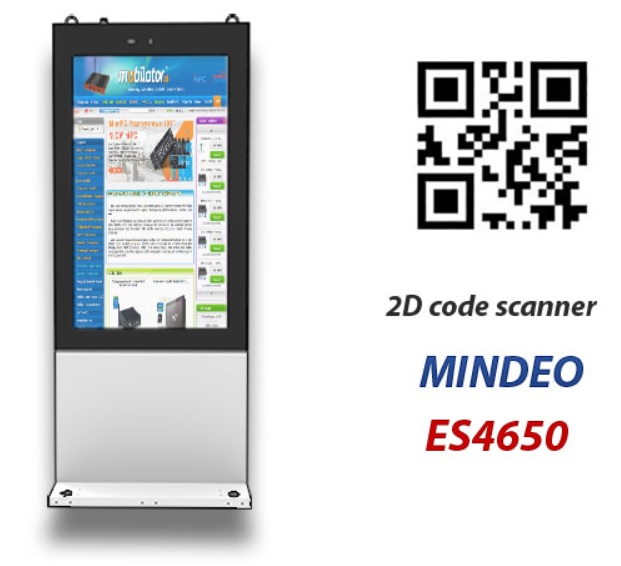 NoMobi Trex 65 inch outdoor totem with built-in 1D 2D Mindeo code scanner