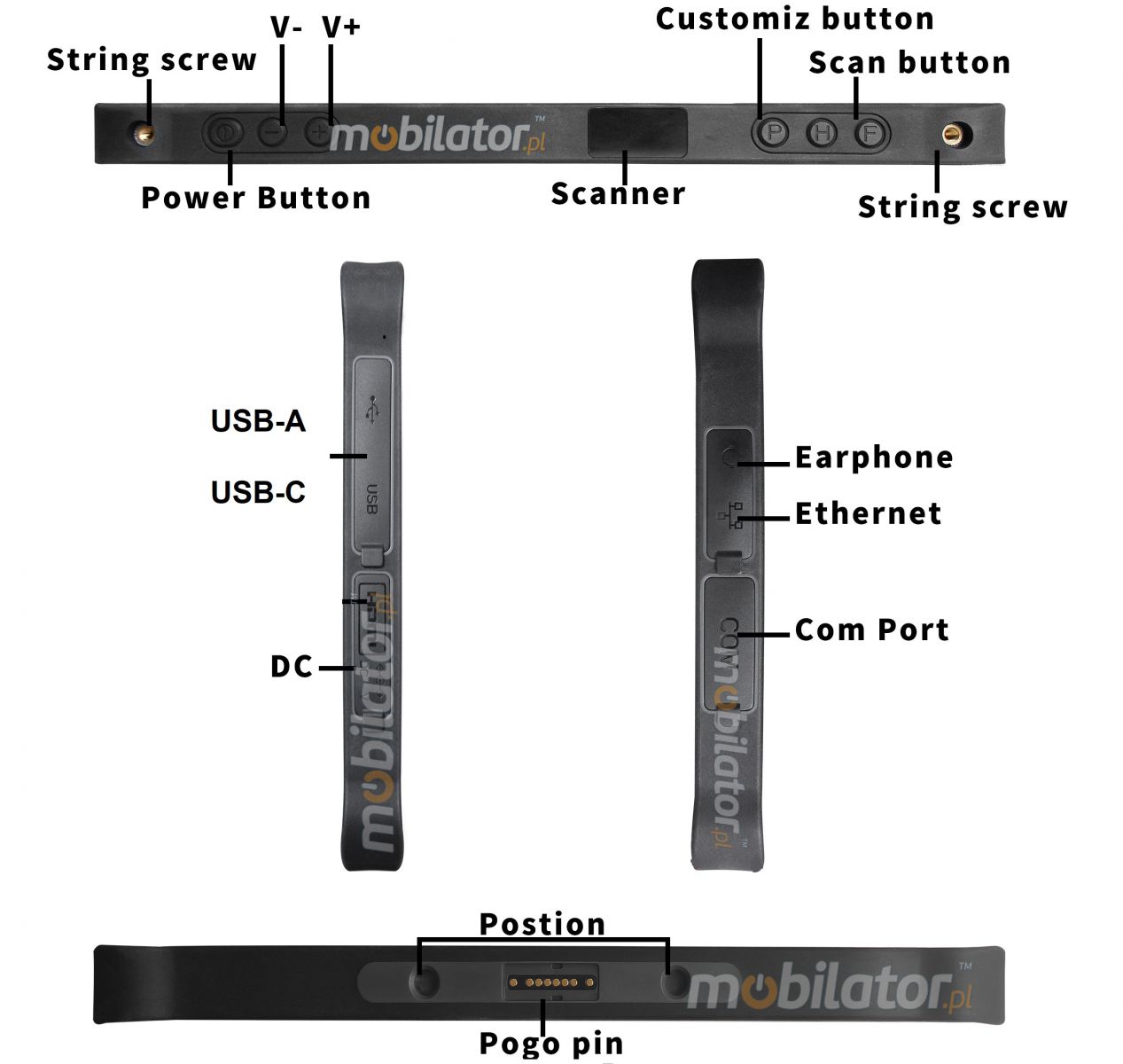 MobiPAD A311-A7 - Industrial rugged tablet 12GB RAM, 256GB ROM, NFC, Bluetooth 5.0, WiFi, MT6789 processor - 8 x 2.2 GHz, 4G LTE, Android 13.0, GPS, 10.1 inch, 1920x1200, IP67, 450 nits, equipped with Honeywell N4680 2D scanner