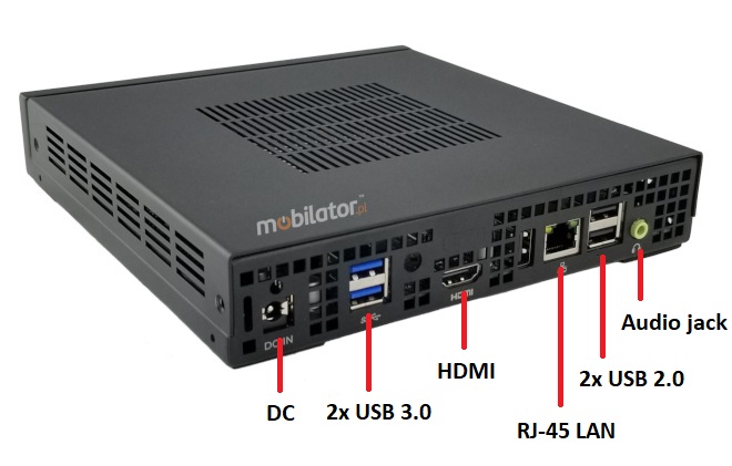 connectors rear panel of small reliable Polywell-J1900AE Celeron HDMI LAN USB