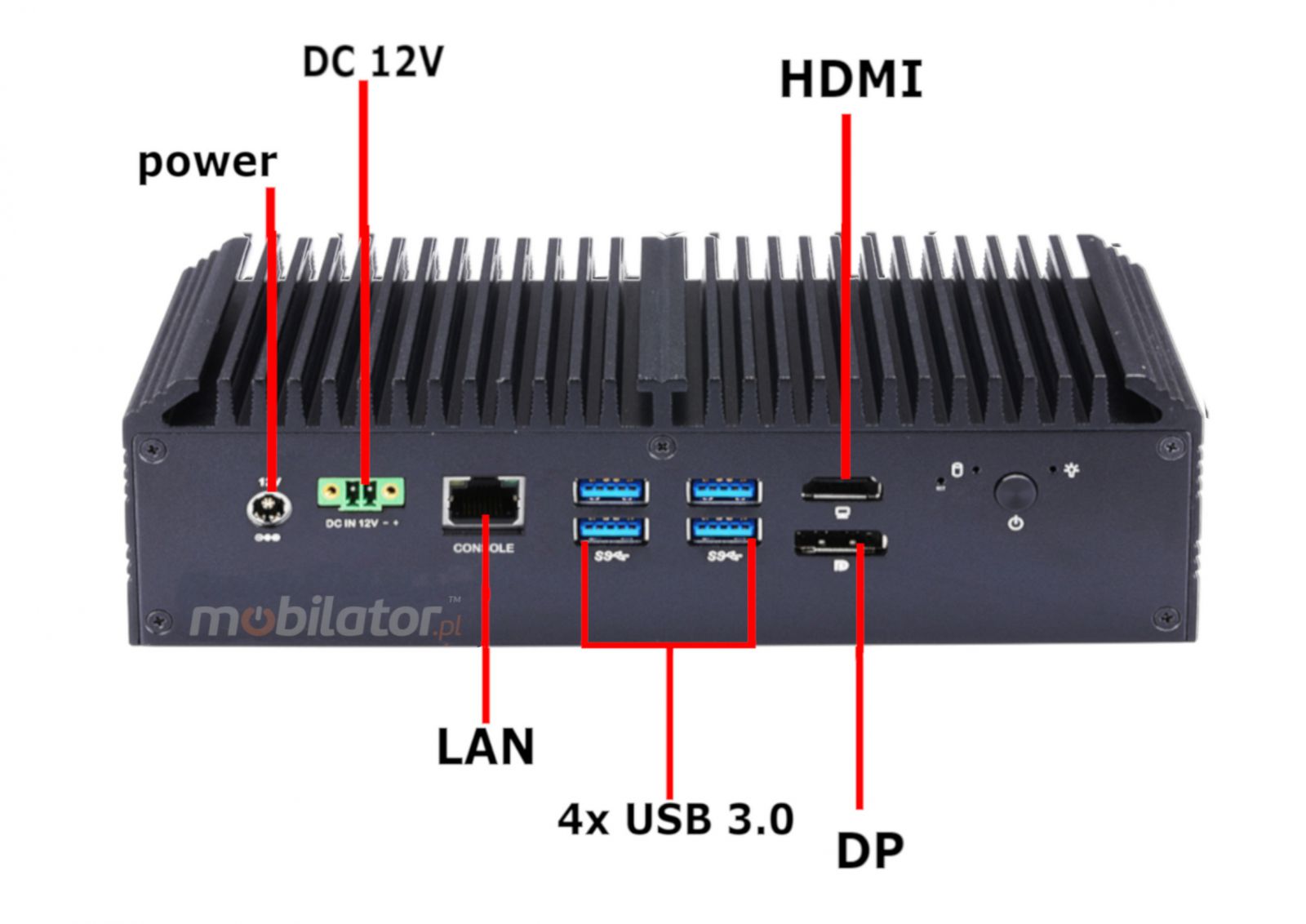 Back side MiniPC Industry, HDMI, USB, DC, versatile, mBOX Q1012GE