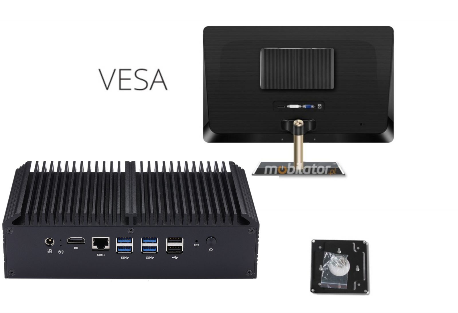 with VESA mount, Q838GE can be attached to the back of the computer monitor
