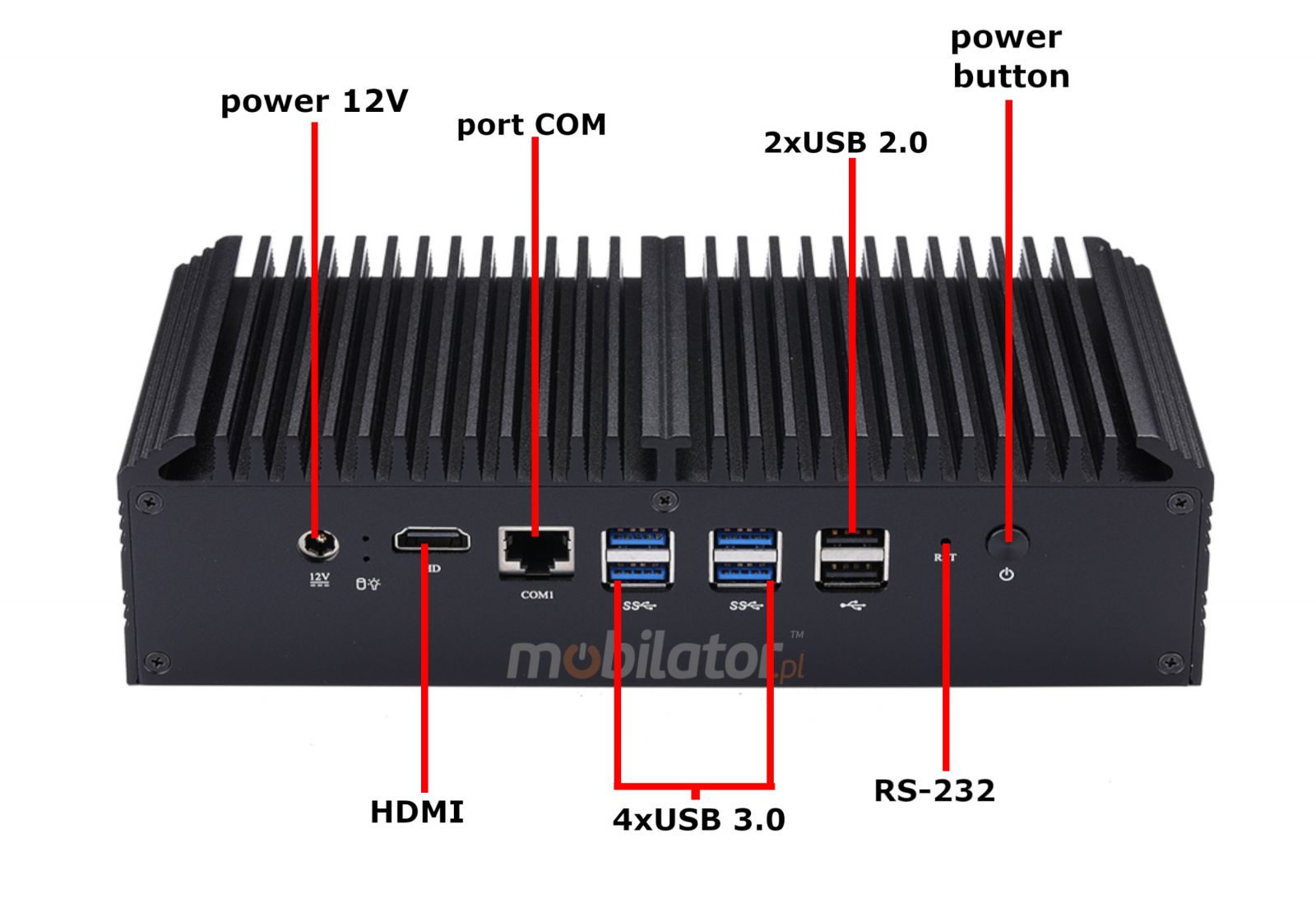 Power supply 12V, 4x USB 3. 0 inputs, MiniPC front, 2x USB 2. 0