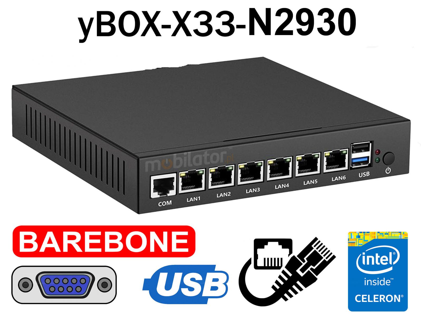 Reinforced Budget Industrial Computer Fanless MiniPC yBOX-X33- (6LAN) -N2930 Barebone