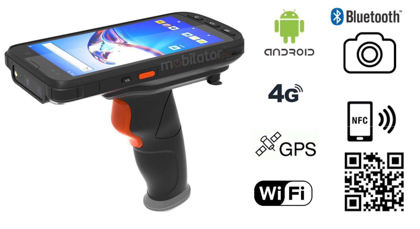 MobiPad XX-B6 v.14 - Data collector (IP 65) with a pistol grip with a 2D scanner (Mindeo ME5600) and NFC, 4G, Wifi, GPS with extended memory (4GB + 64GB) 