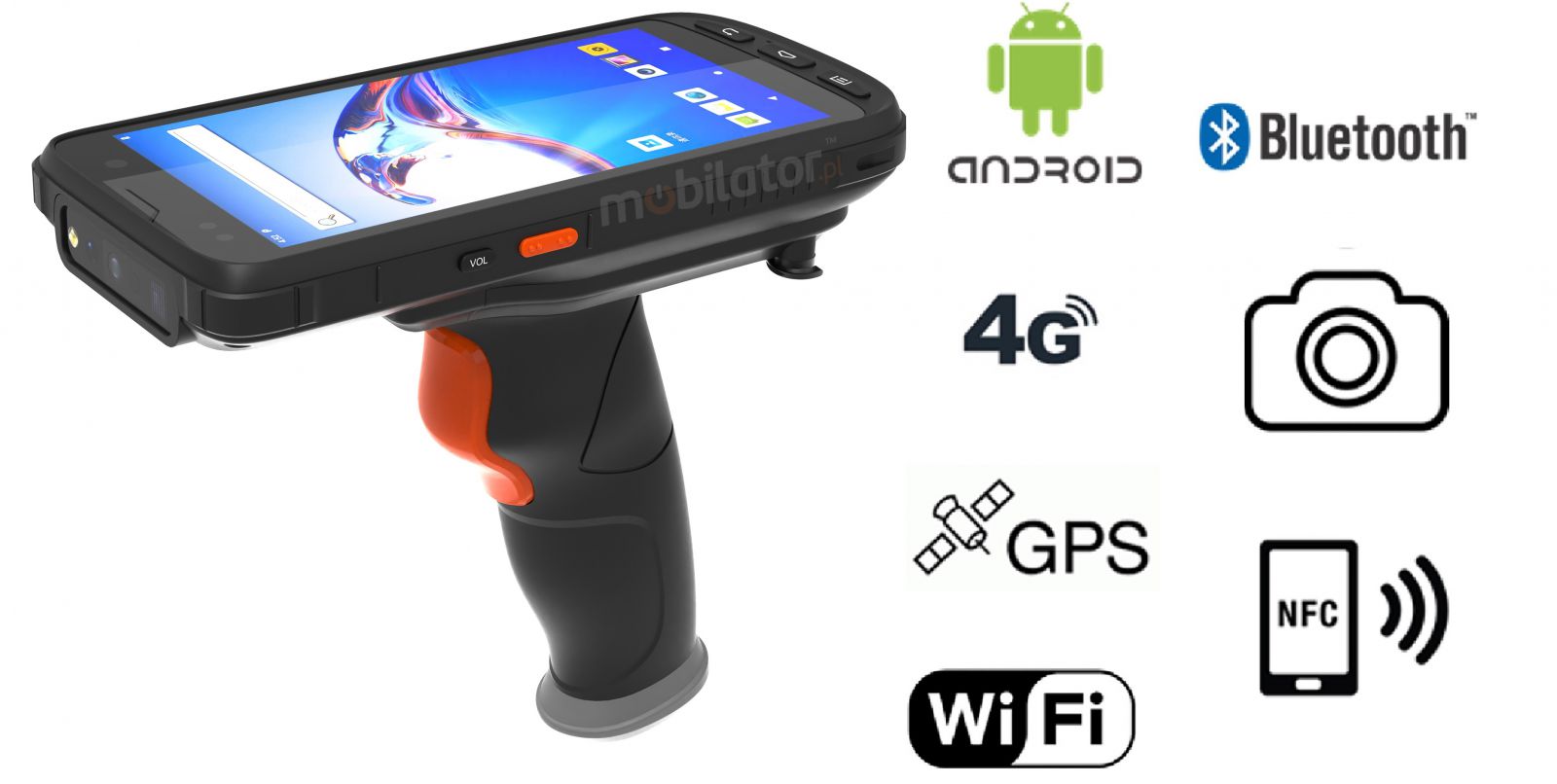 MobiPad XX-B6 v.10 - Industrial collector with a pistol grip, with IP65 resistance standard with 4G, Wifi, NFC with extended memory (4GB + 64GB) 