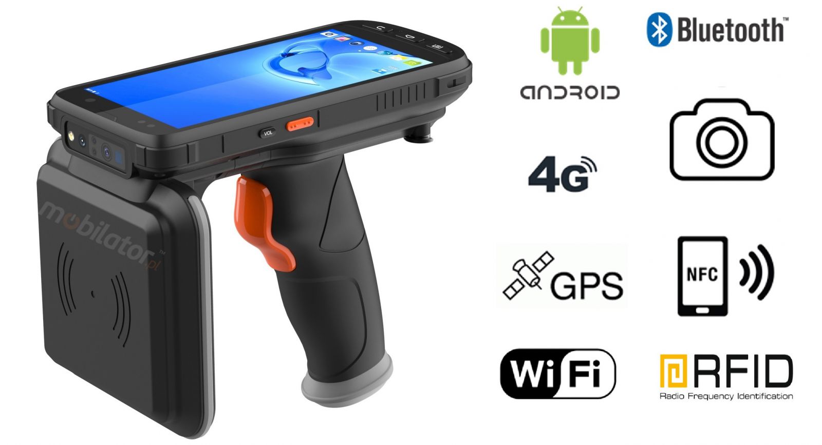 MobiPad XX-B6 v.11 - Data collector with a pistol grip (IP65) (Android 10 system) and NFC + 4G LTE + Bluetooth + WiFi with UHF reader (18m range) with extended memory (4GB + 64GB) 
