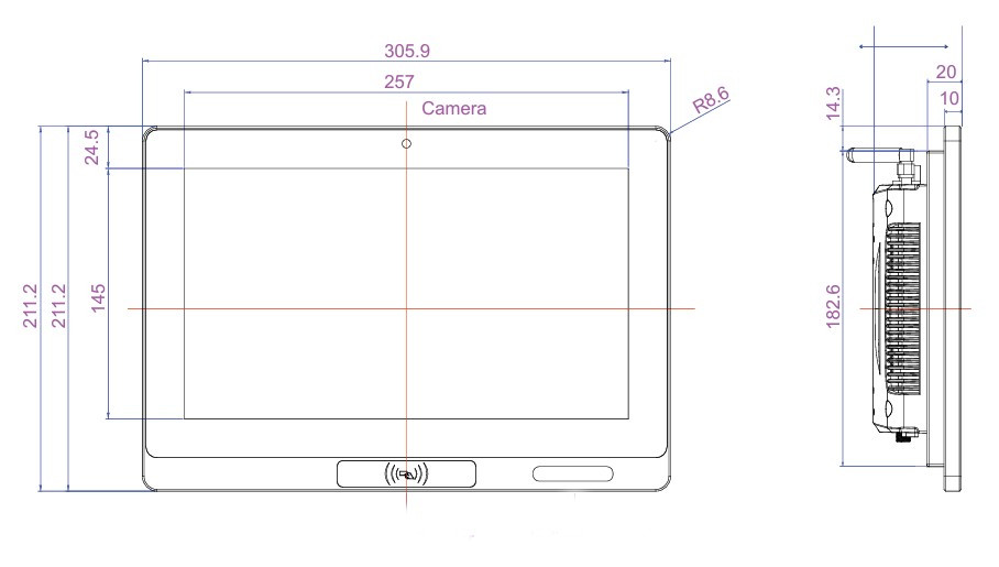 Mobitouch 116A-LF - Industrial panel computer product dimensions