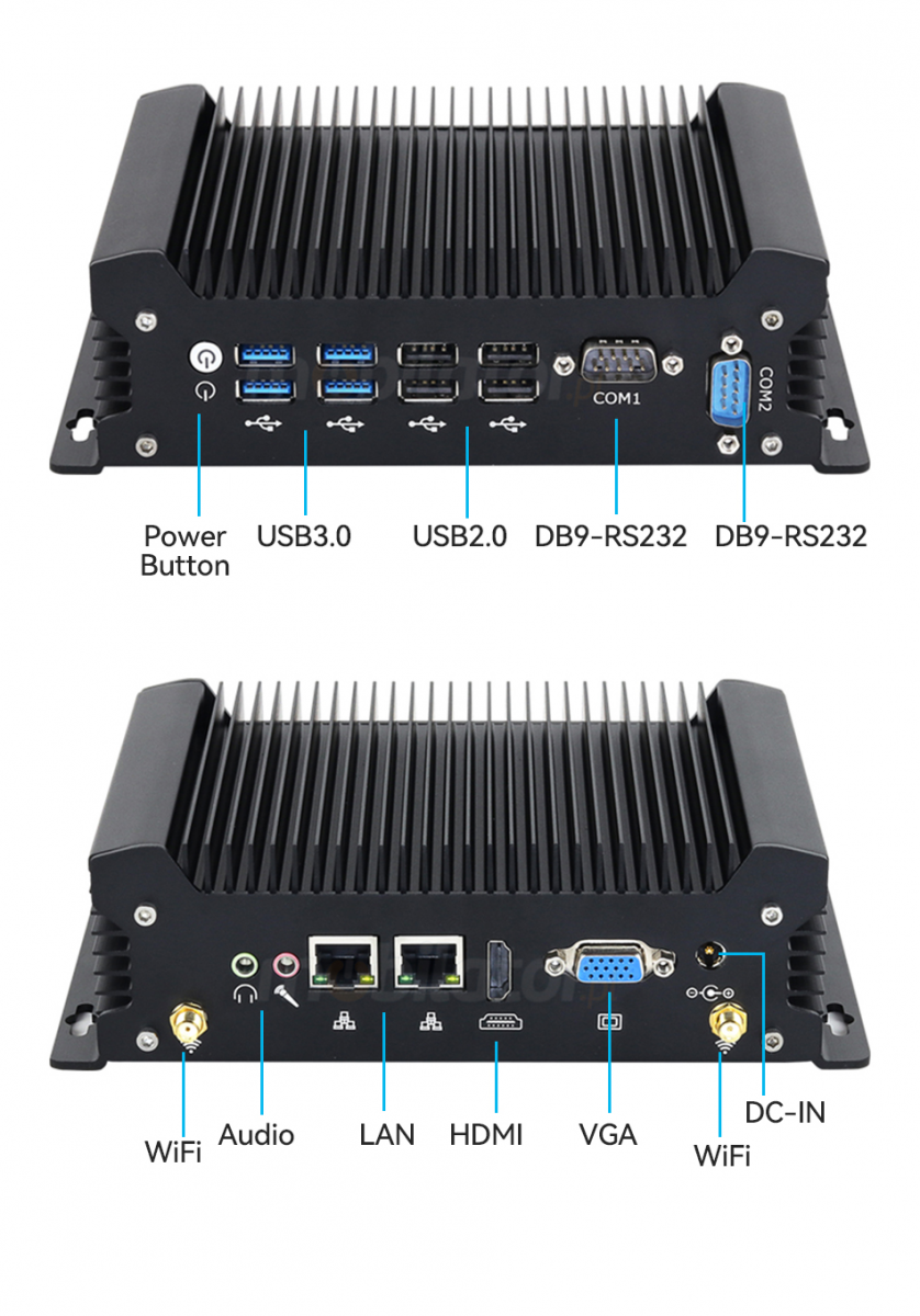 The X58 MiniPC a reliable, high-speed solution that offers exceptional versatility and performance. With connectors on the front and back of the device, it provides easy access to various ports and inputs to meet a variety of user needs. On the front, there are USB 3.0 and USB 2.0 connectors, providing high-speed data transfer and convenient connection of various peripherals. In addition, COM and VGA ports are also available for integration with various systems and monitors. On the back of the MiniPC X58 are additional connectors, including two HDMI ports for dual display, two Gigabit Ethernet network cards for stable network connection, and a WiFi module for wireless network access. As a result, the MiniPC X58 meets a variety of user requirements, providing not only fast and reliable operation, but also ease of use and flexibility in connecting various devices.