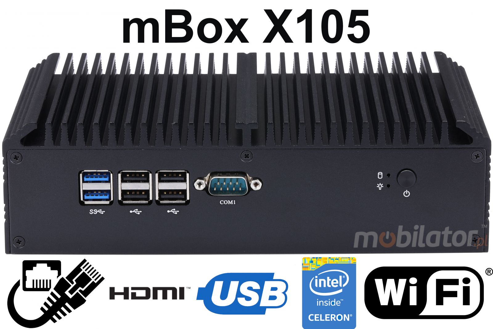 mBox X105 v.7 - Industrial, fanless Mini Computer - 512GB M.2 disk - 16GB RAM - Wifi + Bluetooth (6x RS-232, 4x USB 3.0) - Title image