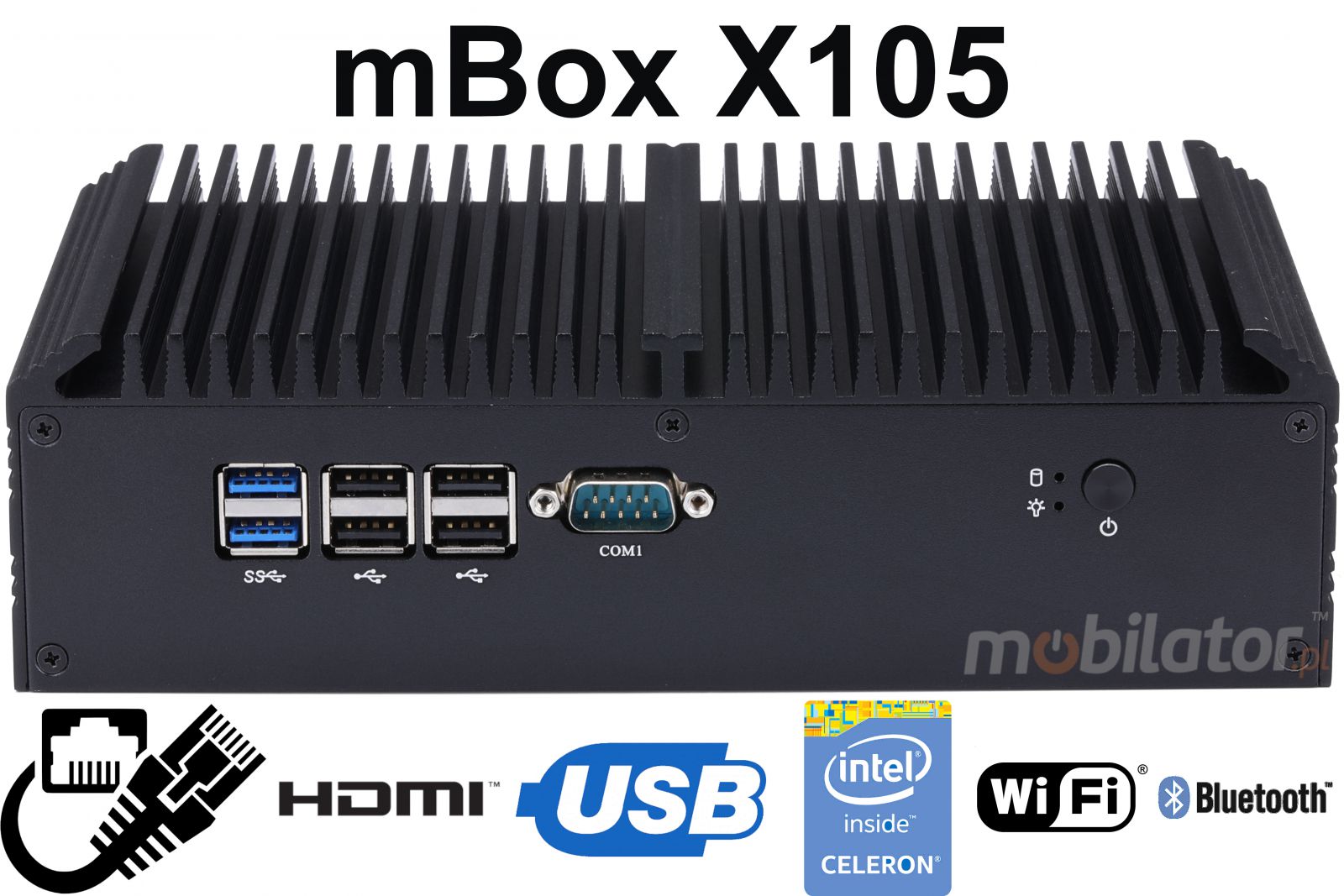 mBox X105 v.4 - Industrial Mini Computer with: passive cooling, M.2 disk (512GB), slot for another 2.5'' disk, 16GB RAM, USB 3.0, WIFI + BT - Title image